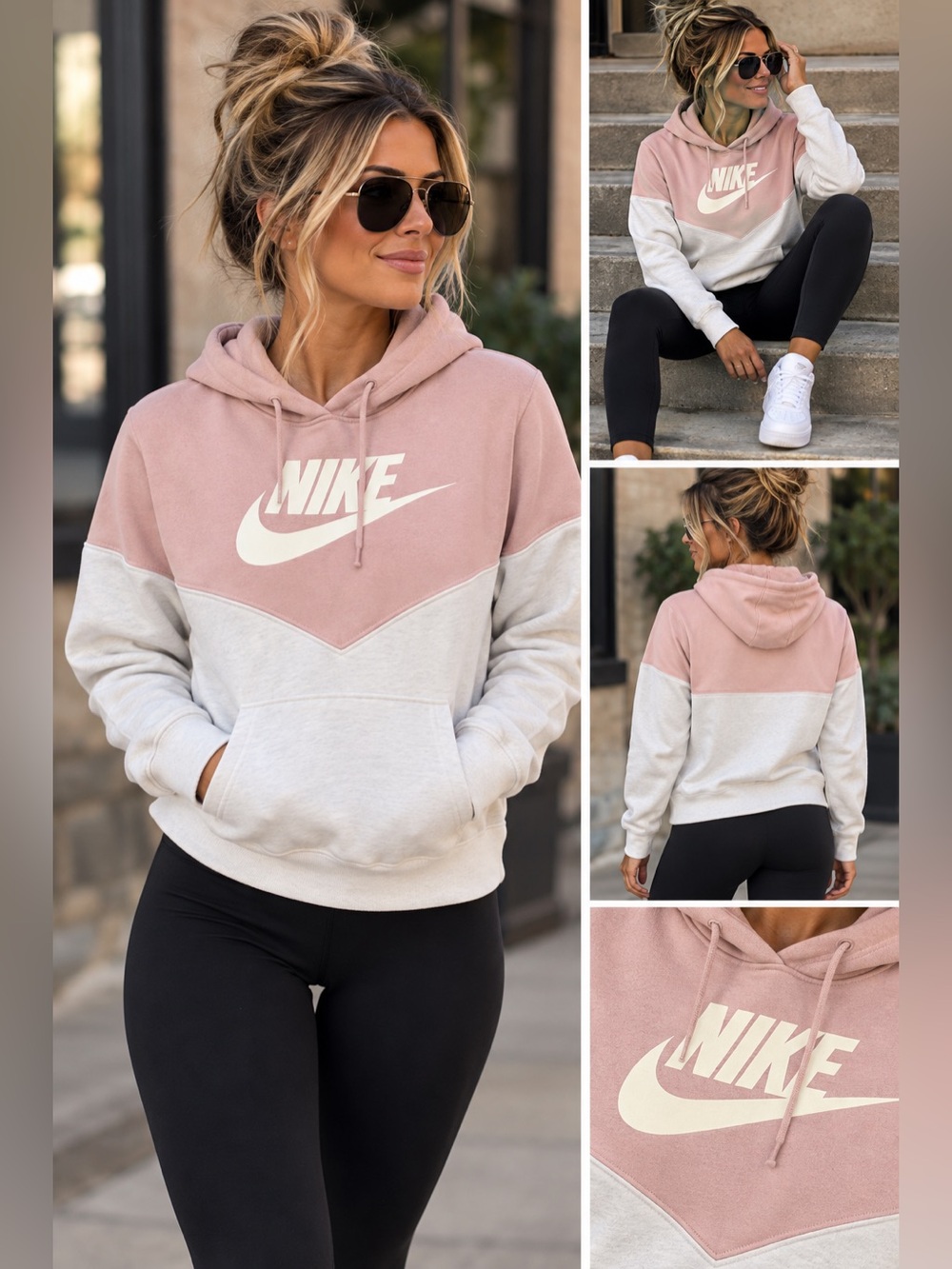 Nike Women’s Medium Pink White Colorblock Pullover Hoodie Swoosh Logo